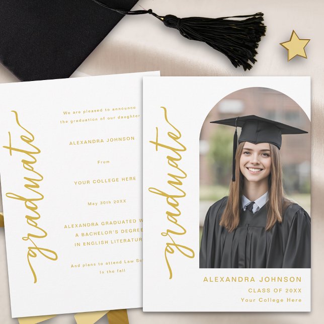 Anuncio Foto de Arco Moderno Elegante (Modern elegant arch photo graduation announcement card gold script minimalist Stylish trendy)
