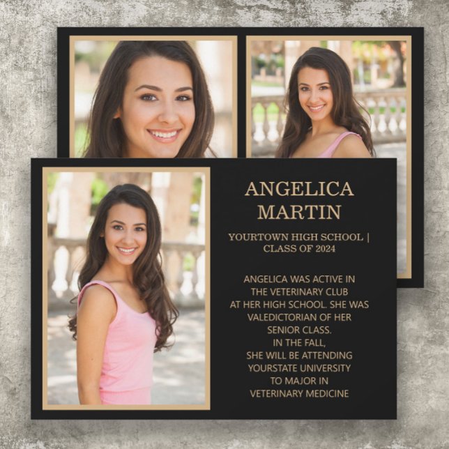Anuncio Foto de graduación de Black Gold Class 2024 (Black and gold 3-photo graduation announcement printed on front and back)