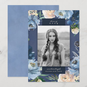 Anuncio Foto de graduación de Floral Azul ondulada románti