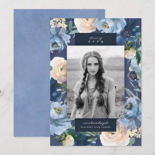 Anuncio Foto de graduación de Floral Azul ondulada románti