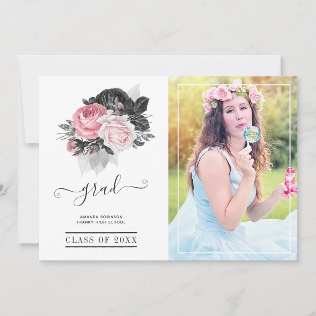 Anuncio Foto de graduación de Floral Rosa y Negra (Anverso)