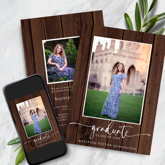 Anuncio Foto de graduación de guion de madera rústica (Rustic Wood Script Graduation Photo Announcement with Instant Download)