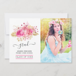 Anuncio Foto de graduación floral tropical rosa y dorada