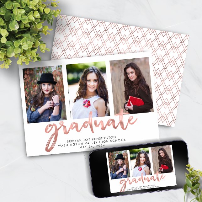 Anuncio Foto de graduación manuscrita geométrica Rosa Gold (Geometric Rose Gold Handwritten Graduation Photo Announcement with Instant Download)