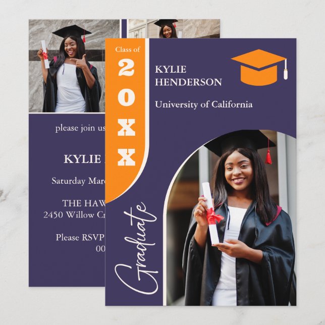 Anuncio Foto de graduación moderna naranja púrpura (Anverso / Reverso)