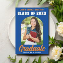 Foto de graduación moderna y audaz de naranja azul