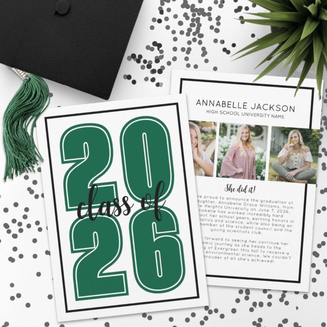 Anuncio Foto de Graduación Verde Graduado (Simple Script Graduate Photo Green Graduation Announcement)