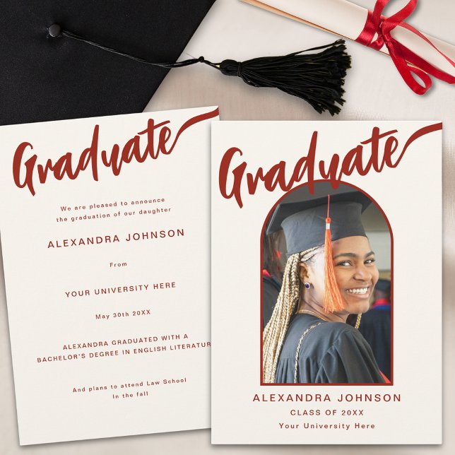 Anuncio Foto de graduado de Elegant Arch con letra script  (Elegant graduate photo arch burnt orange calligraphy script graduation announcement card)