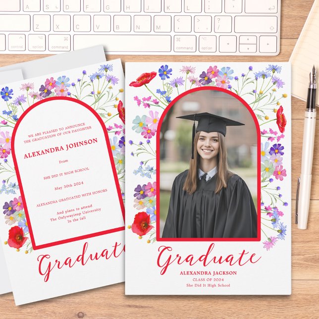 Anuncio Foto de graduado del Arco de Flor Silvestre Modern (Colorful wildflower boho chic arch graduate photo high school graduation announcement )