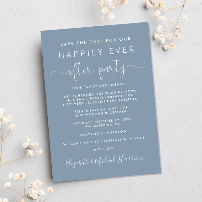 Anuncio Foto de la recepción de bodas Dusty Blue Save the  (A stylish save the date announcement for a reception to celebrate your elopement or private wedding)