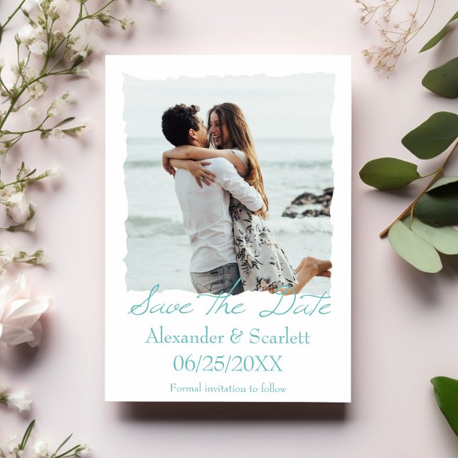 Anuncio Foto De Marco verde azulado Ajetreado Guardar El A (Teal Jagged Frame Photo Save the Date)