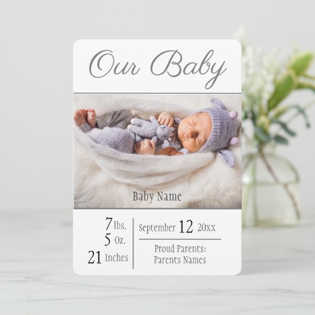 Anuncio Foto de nacimiento de bebé Gray nuestro bebé (Anverso de pie)