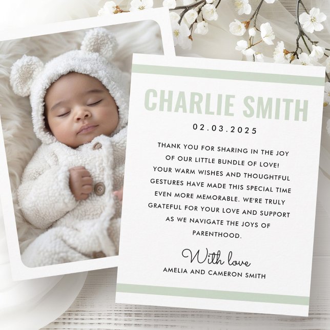Anuncio Foto de nacimiento de recién nacido blanco verde s (Modern sage green white new baby birth photo announcement)