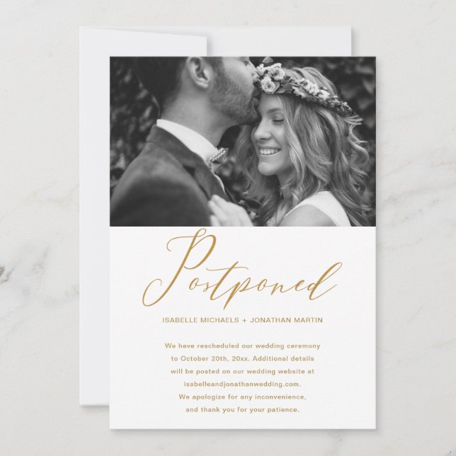 Anuncio Foto de nueva fecha de aplazamiento de boda en oro (Anverso)