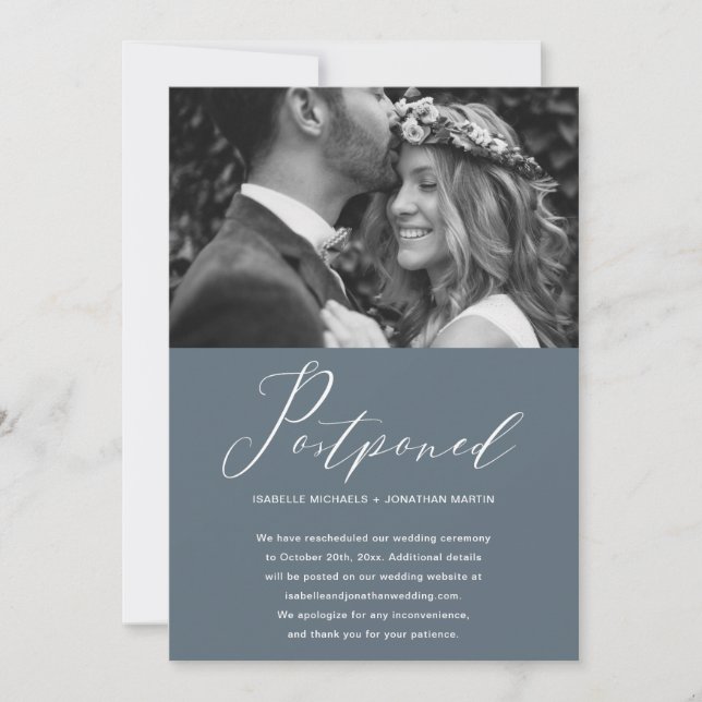 Anuncio Foto de nueva fecha de boda pospuesta en azul polv (Anverso)