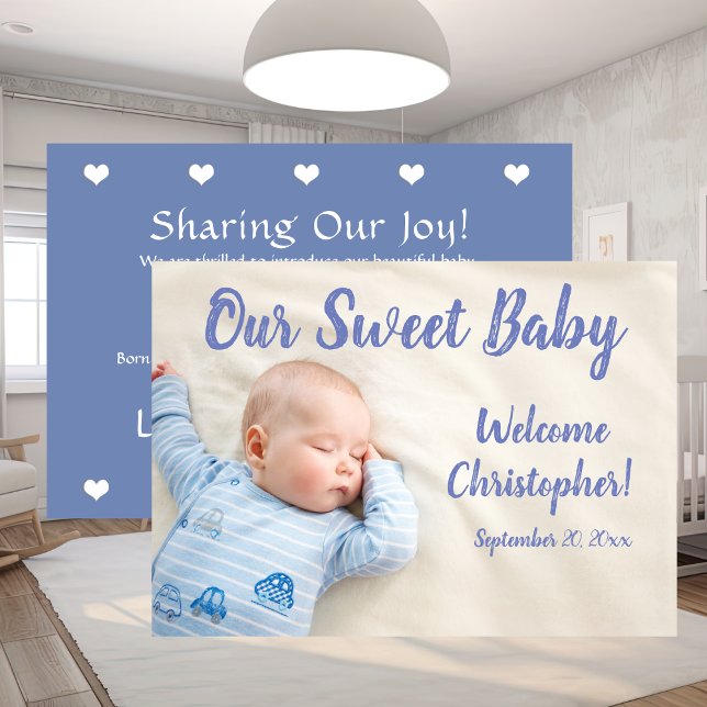 Anuncio Foto de nuevo bebé (New Baby Photo With Name Blue Announcement)
