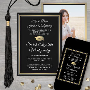 Anuncio Foto de Padres Black Gold & Graduación Blanca