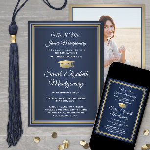 Anuncio Foto de padres graduación Navy Gold y Blanco