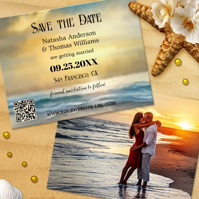Anuncio Foto de playa náutica para guardar la fecha (Save the Date card featuring a painting of a golden sunset at the beach - with QR code template)