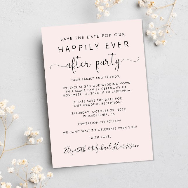 Anuncio Foto de recepción de boda Rosa Guardar la fecha (A stylish save the date announcement for a reception to celebrate your elopement or private wedding)