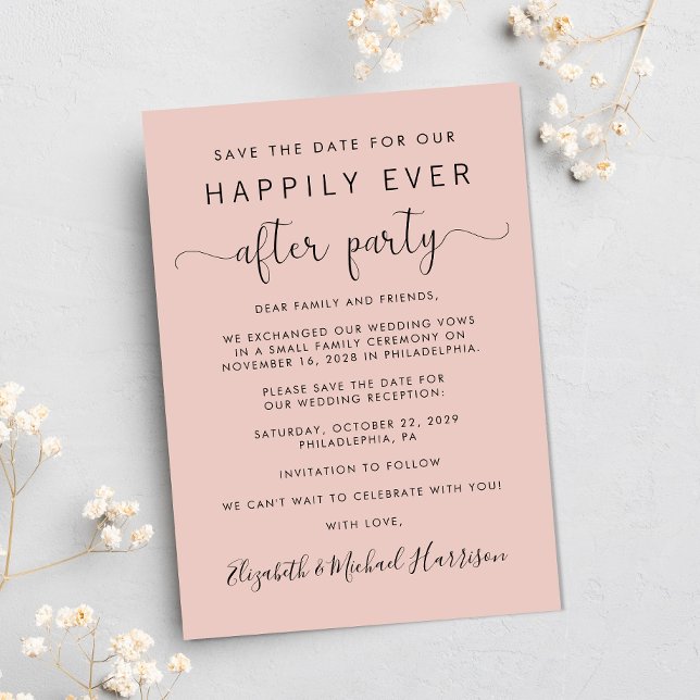 Anuncio Foto de recepción de boda Rubor Guardar la fecha (A stylish save the date announcement for a reception to celebrate your elopement or private wedding)