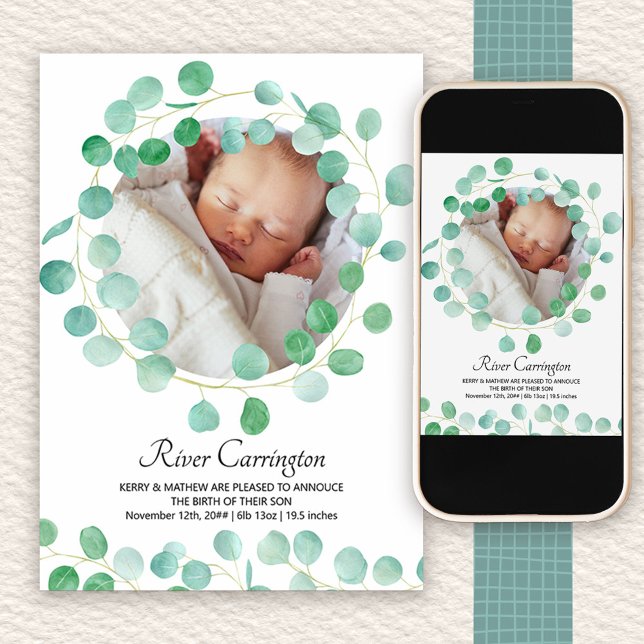 Anuncio Foto del bebé Eucalyptus Greenery Unisex Nacimient (Photo birth announcement to order printed or as a printable digital download)
