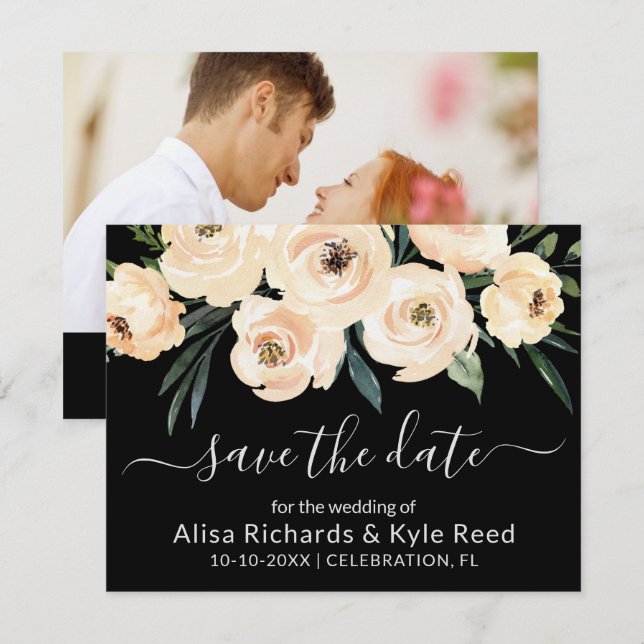 Anuncio Foto floral Beige Rubor Gold Black Save the Date (Anverso / Reverso)
