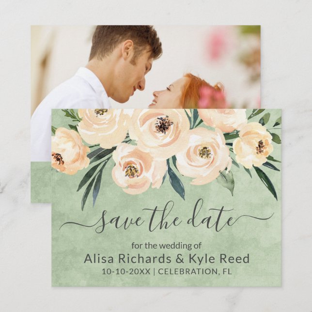 Anuncio Foto floral Beige Rubor Gold Green Save the Date (Anverso / Reverso)