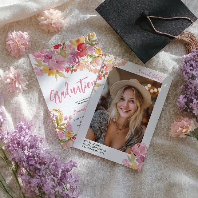 Anuncio Foto moderna boho rosa lavanda floral graduación (Modern photo Boho Pink Lavender floral graduation Announcement)