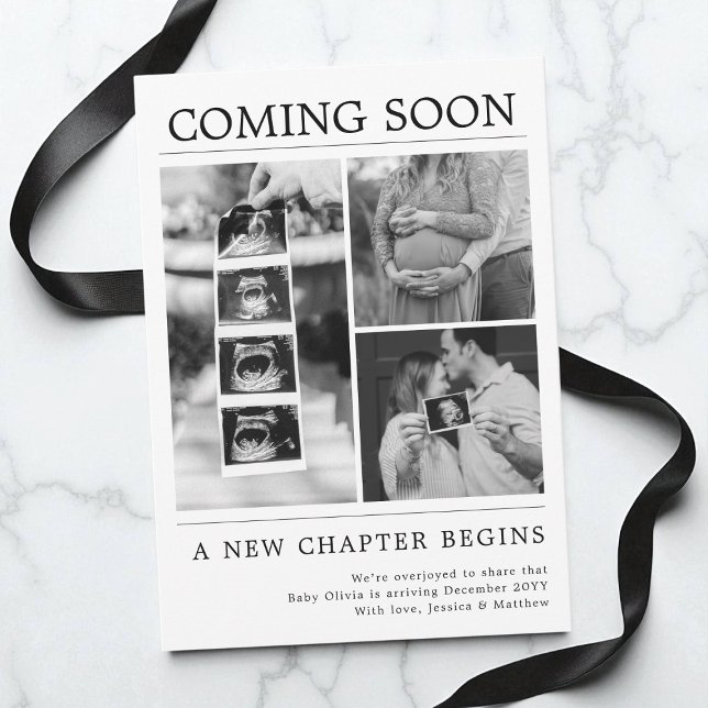 Anuncio Foto Moderna en Blanco y Negro de Embarazo en Peri (Modern Black and White Photo Newspaper Pregnancy Announcement)
