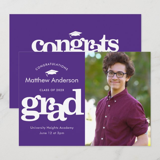 Anuncio Fotografía de graduación púrpura tipografía audaz  (Anverso / Reverso)