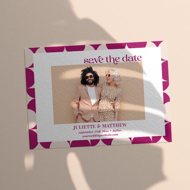 Anuncio Fotografía moderna de mid Century (SAVE THE DATE PURPLE RETRO VINTAGE SCALLOP HALF CIRCLE MID CENTURY MODERN PHOTO)