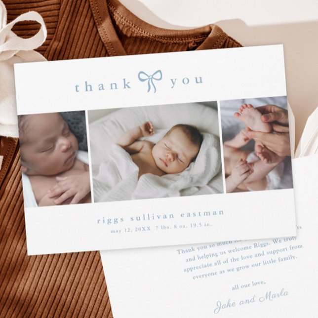 Anuncio Fotos Colage Bebé Niño con Lazo Simple (Simple bow 3 photo collage baby announcement cards.)