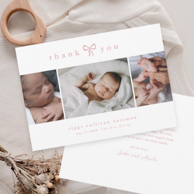 Anuncio Fotos de niña con lazo simple Collage bebé (Simple dusty pink bow 3 photo collage baby announcement thank you cards.)