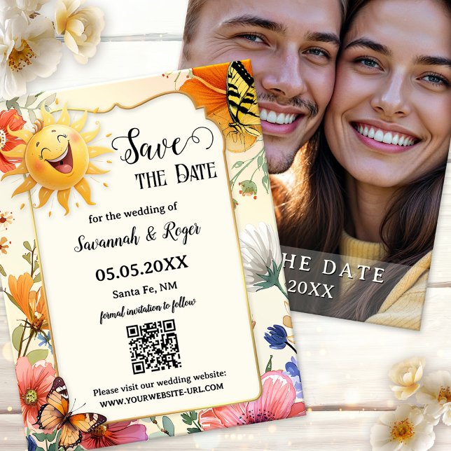 Anuncio Fotos de primavera de flores silvestres para guard (Save the Date card featuring a whimsical watercolor wildflower design with laughing sun. Plus photo)