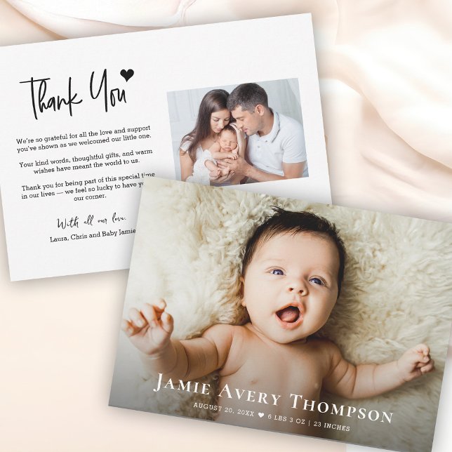 Anuncio Fotos del bebé gracias al nacimiento moderno del c (Customizable Newborn photos baby birth announcement thank you cards.)
