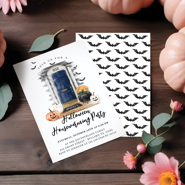 Anuncio Fun Halloween Fiesta calentador de casa puerta del (Fun Halloween Housewarming Party Navy Front Door Announcement)