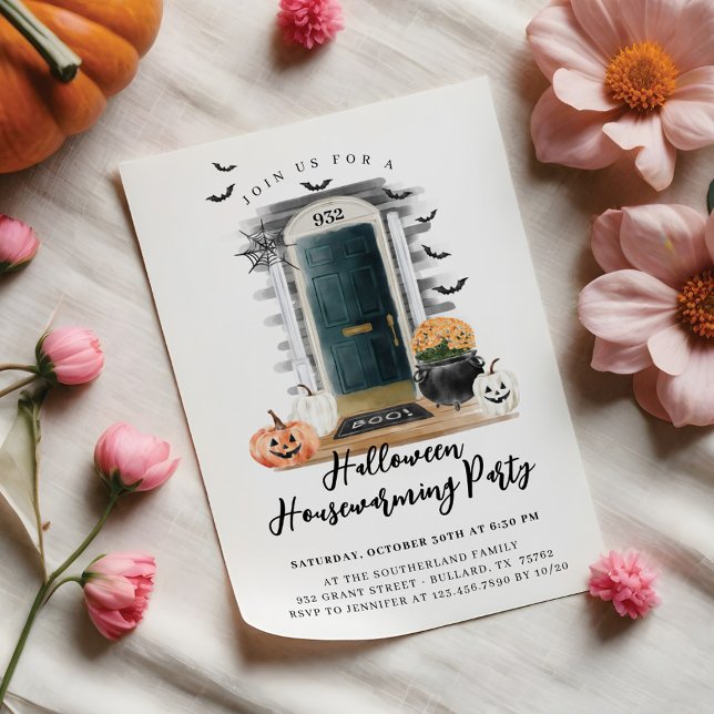 Anuncio Fun Halloween Fiesta de calentamiento de la casa P (Fun Halloween Housewarming Party Green Front Door Announcement)