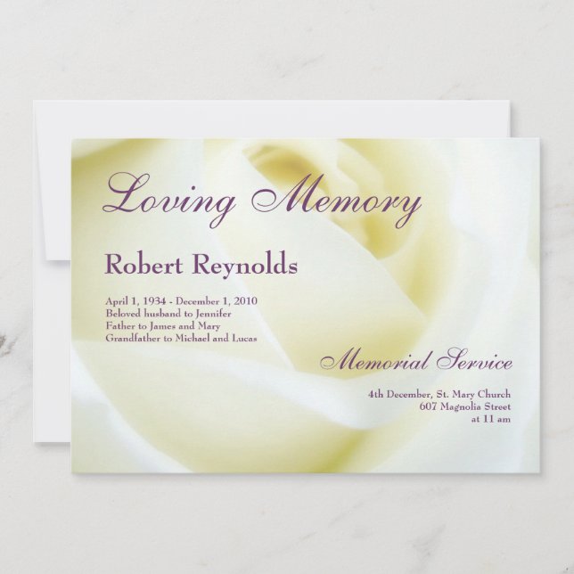 Anuncio Funeral o Memorial de la Rosa Blanca Floral (Anverso)