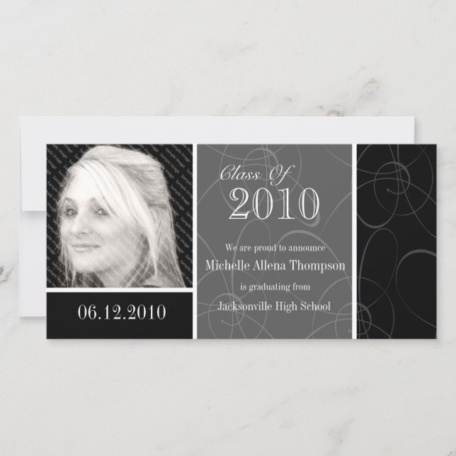 Anuncio Funky Classic Black Swirls Graduation Photo Card (Anverso)