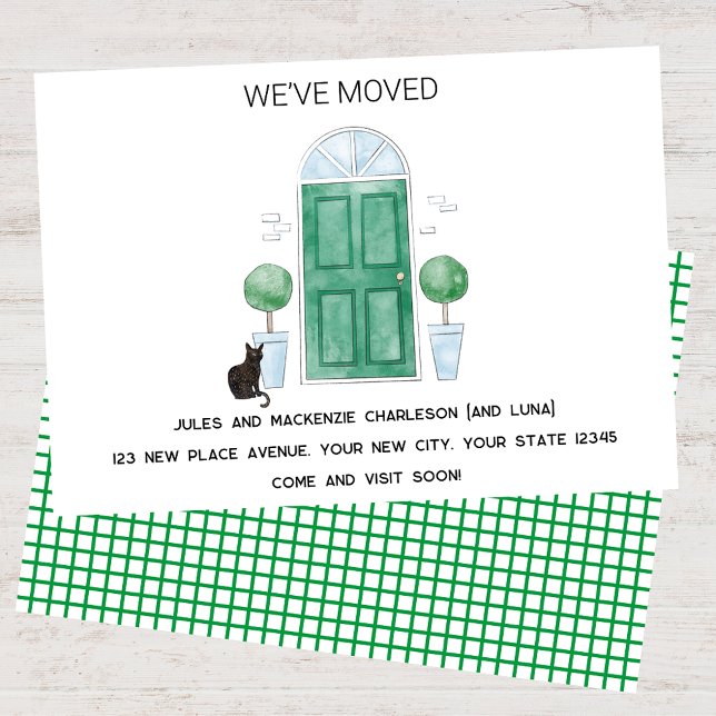 Anuncio Gato De Puerta Verde Que Hemos Movido Nueva Invita (Green door cat watercolor custom text new home we I have moved change of address moving announcement)