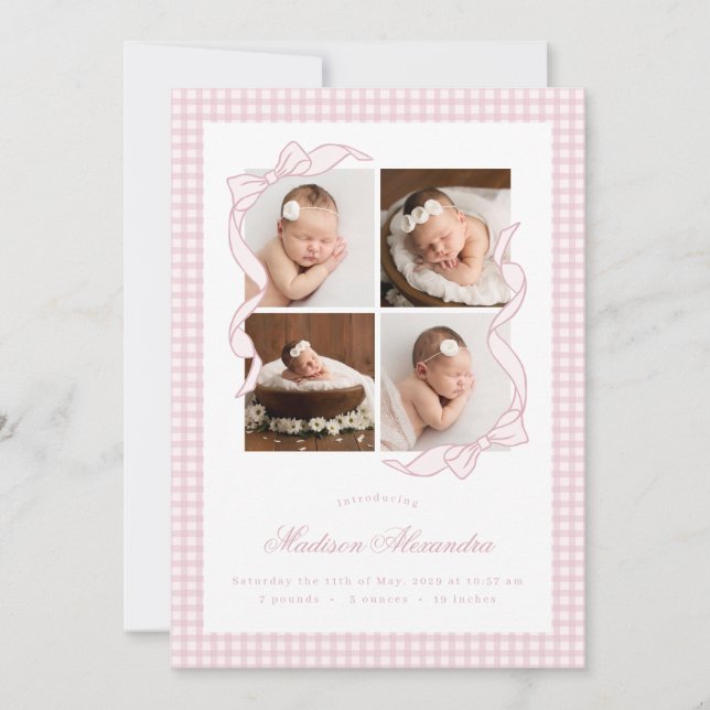 Anuncio Gingham Bow 4 Frame Photo Birth Announcement (Anverso)