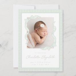 Anuncio Gingham Bow Photo Birth Announcement