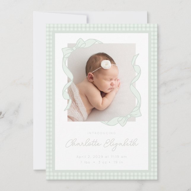 Anuncio Gingham Bow Photo Birth Announcement (Anverso)