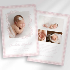 Anuncio Gingham Bow Photo Birth Announcement
