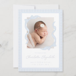 Anuncio Gingham Bow Photo Birth Announcement