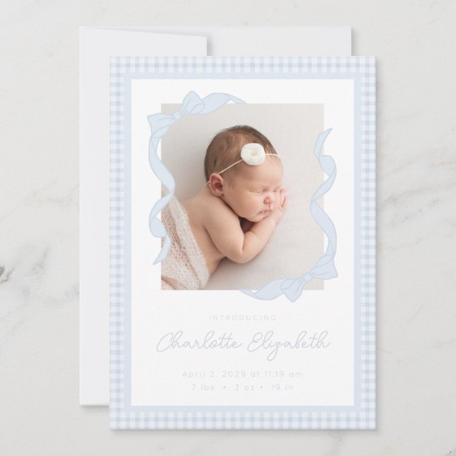 Anuncio Gingham Bow Photo Birth Announcement (Anverso)