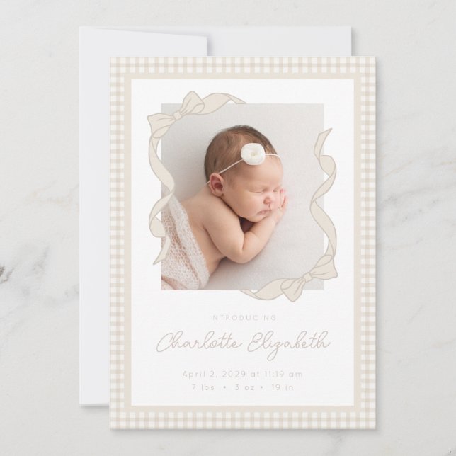 Anuncio Gingham Bow Photo Birth Announcement (Anverso)