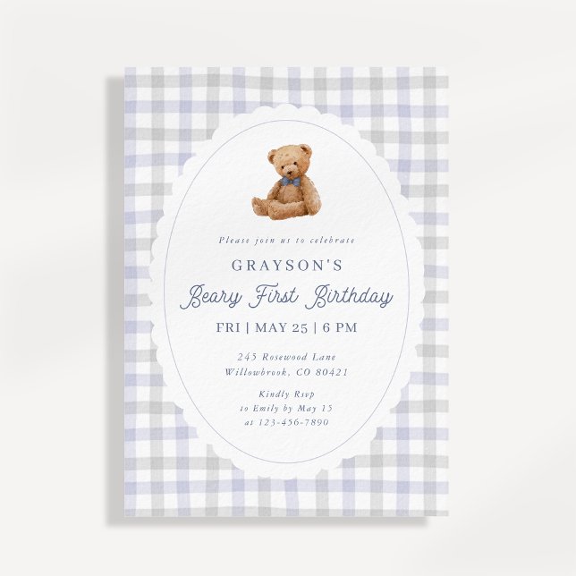 Anuncio Gingham Teddy Bear Beary First Birthday Invitation (Subido por el creador)