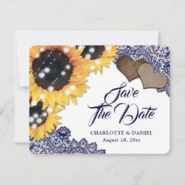 Anuncio Girasoles Azul Marino Encaje Floral Rústico Boda
